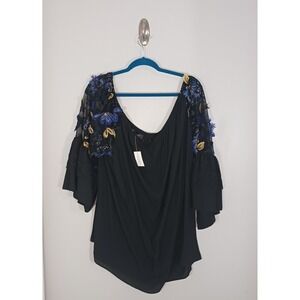 3D Floral Applique Blouse 2X Black Mesh Sleeve Romantic NWT